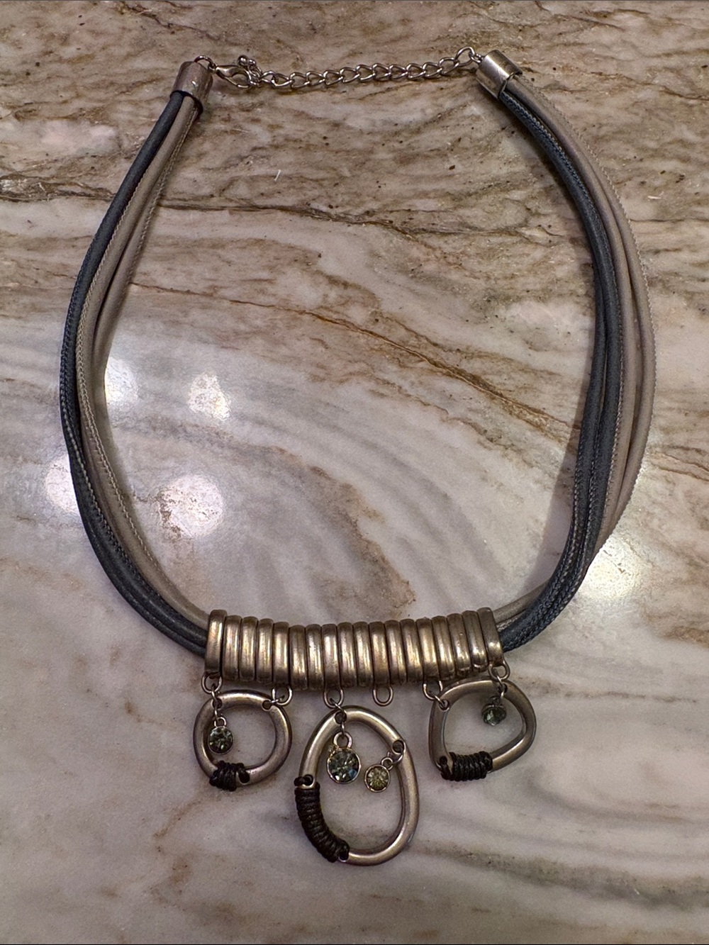Multistrand Gray and Blue Statement Necklace with Silver Rings